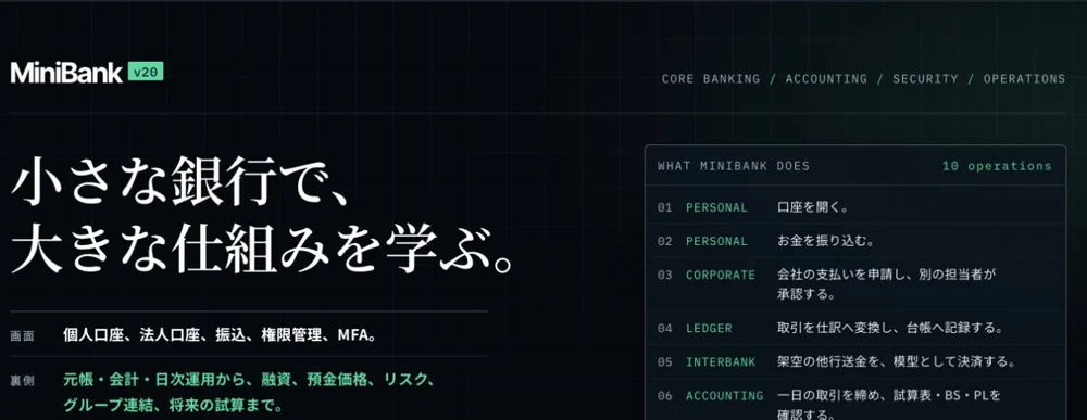 ミニバンクの紹介ページの画面