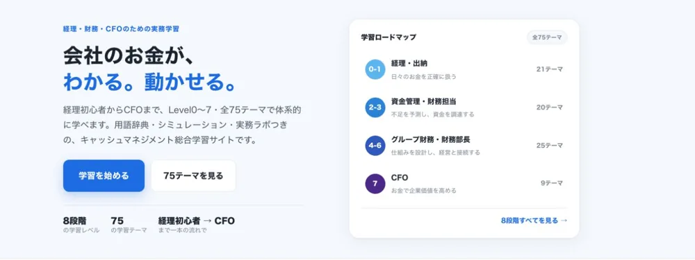 キャッシュマネジメント総合学習サイトの画面